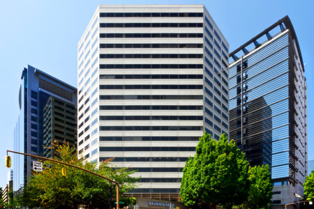 front of the One Main Place building in Portland, OR